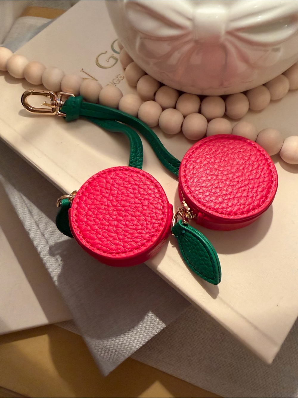 Cherry Double Coin Purse Bag Charm Keychain Red & Green NWOT